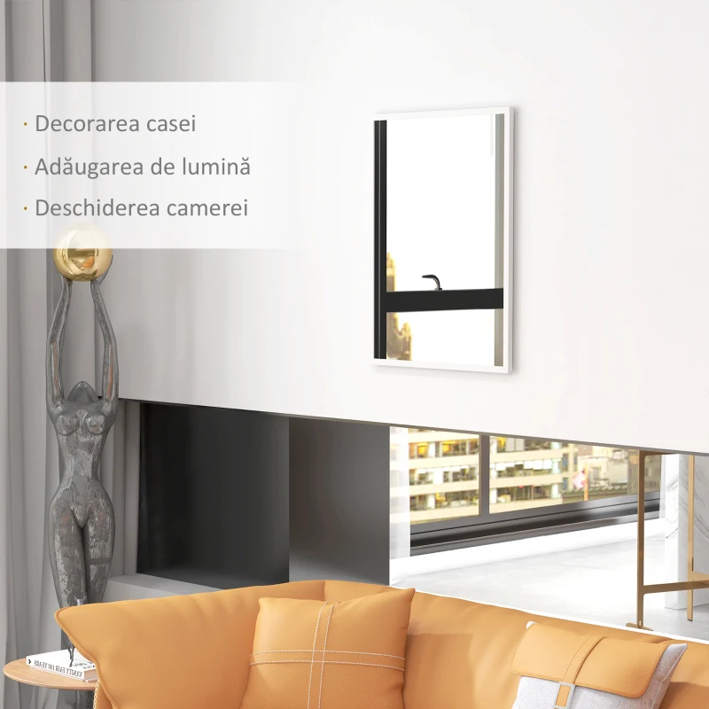 HOMCOM Oglindă de Perete Dreptunghiulară cu Cârlige, din Sticlă și MDF, 60x80 cm, Alb