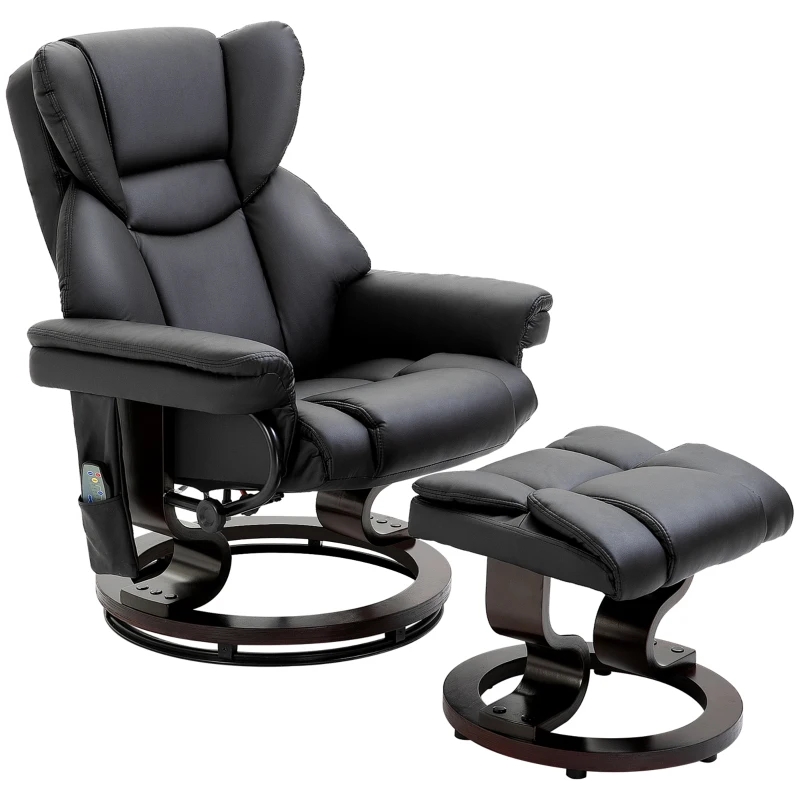 HOMCOM Fotoliu Relax cu Taburet Suport pentru Picioare și Funcție de Masaj, Rabatabil la 145° și Rotativ la 360°, Negru