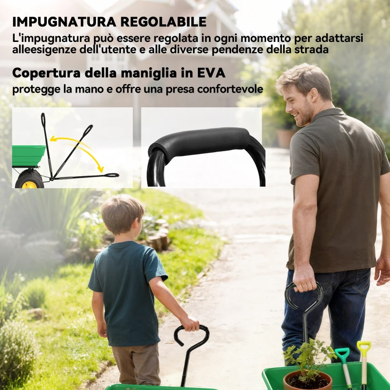 Outsunny Carrello da Giardino 75L in Acciaio e PP con Vasca ribaltabile e Maniglia, 109x52x94 cm, Verde