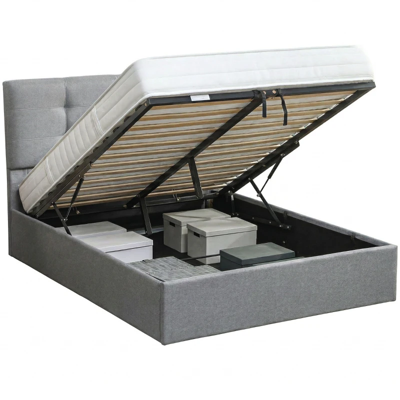 HOMCOM Lit coffre 140x190, cadre de lit double rembourré avec sommier à lattes en bois et rangement cach, sans matelas, gris