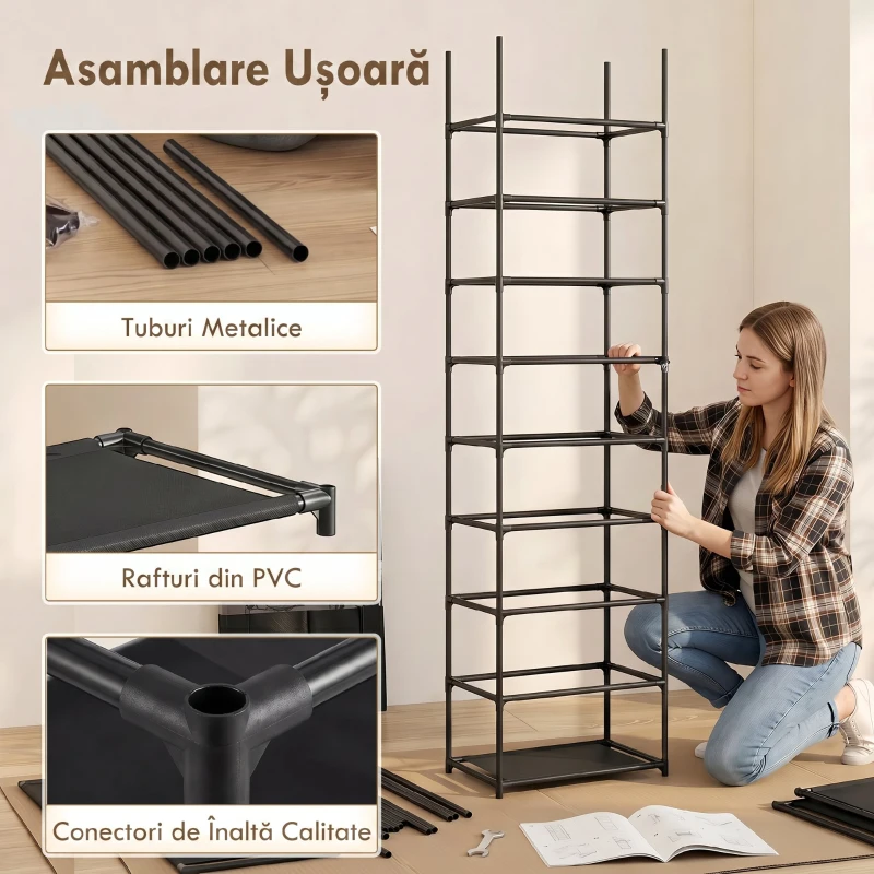 HOMCOM Pantofar 10 Etajere, Cover Antipraf, 20 Perechi, 45 x 30 x 175 cm, Negru