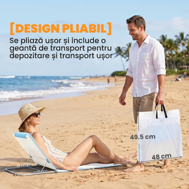 Outsunny Set 2 Șezlonguri de Soare Pliabile cu Spătar Reglabil și Geantă, 48x134x36-45 cm, Bej