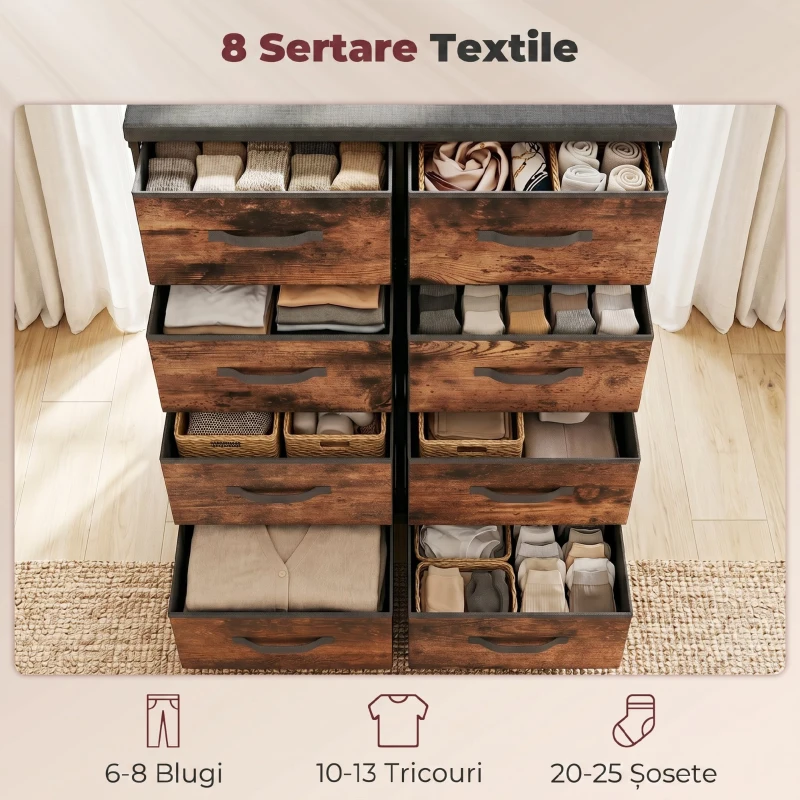 HOMCOM Comodă cu 8 Sertare, Mobilier din Metal pentru Dormitor, Maro Rustic