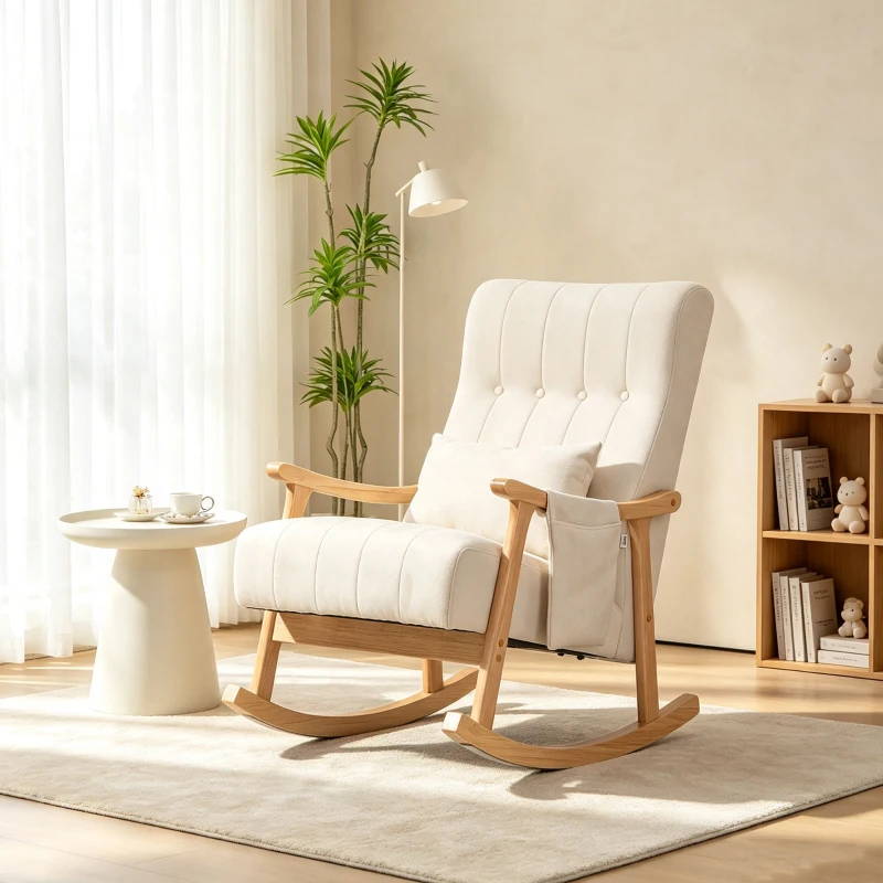 HOMCOM Schaukelstuhl mit Nierenkissen, breiter Sitz, Kautschukholzrahmen, bis 120 kg, Beige