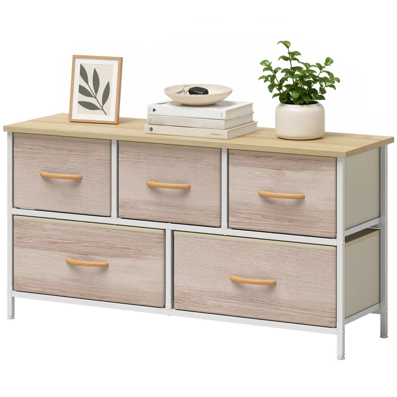 HOMCOM Kommode mit 5 Schubladen, Stoffkommode mit Metallrahmen und Holzoberfläche, Naturholz und Weiß