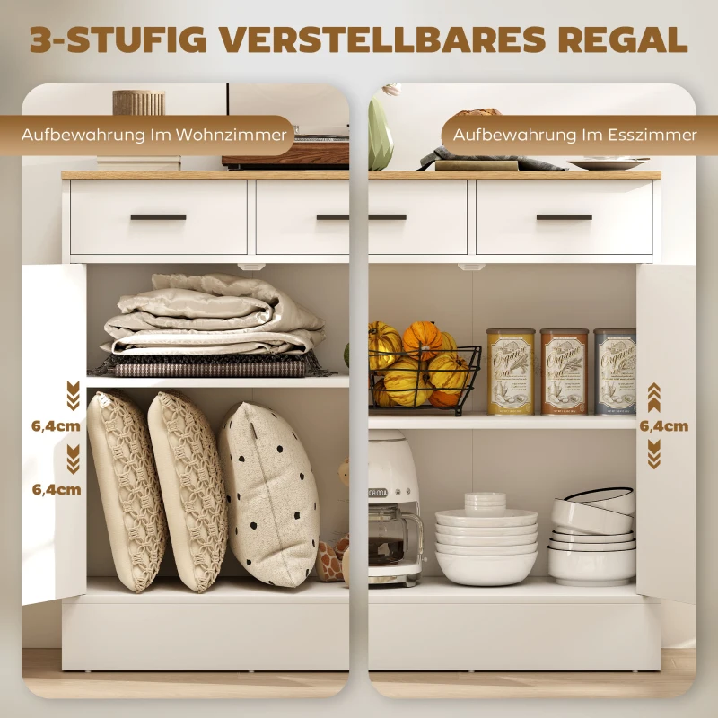 HOMCOM Sideboard mit Stauraum, Kommode mit 2 Schubladen, verstellbares Regal, für Küche, Wohnzimmer, Flur, Naturholz, Weiß
