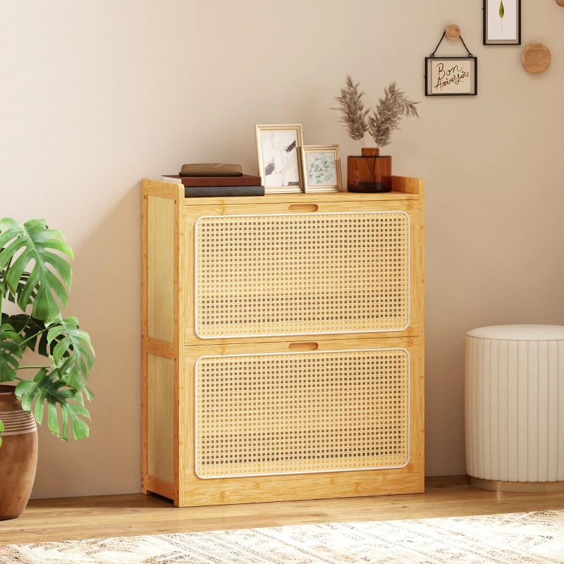 HOMCOM Meuble à chaussures 14 paires, armoire à chaussures 2 tiroirs rabattables, étagères réglables, 69x29x83cm, bois naturel