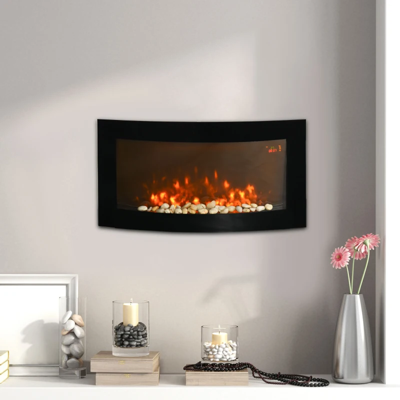 HOMCOM Șemineu Electric de Perete cu Lumină LED în 7 Culori, Putere 1000/2000W și Temperatură 15-30°C, Negru
