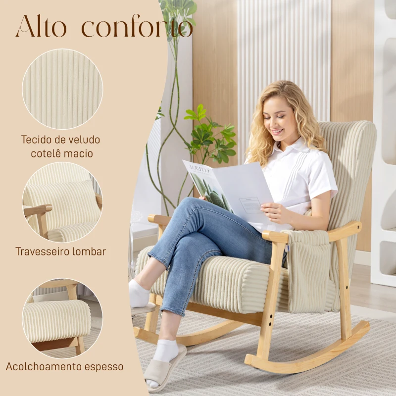 HOMCOM Poltrona Baloiço Moderna em Veludo Cotelê com Apoio para os Braços Almofada Lombar e Bolso Poltrona de Amamentação 65x90x98 cm Bege