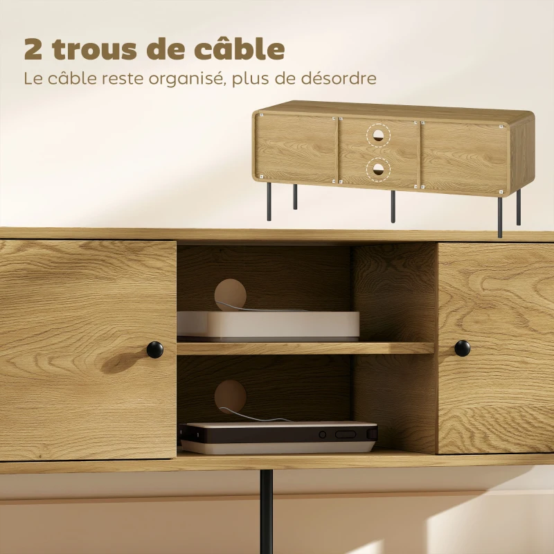 HOMCOM Meuble TV, meuble télé jusqu'à 55 pouces avec 2 portes, 2 compartiments ouverts, pieds en acier, 120x40x50cm, chêne
