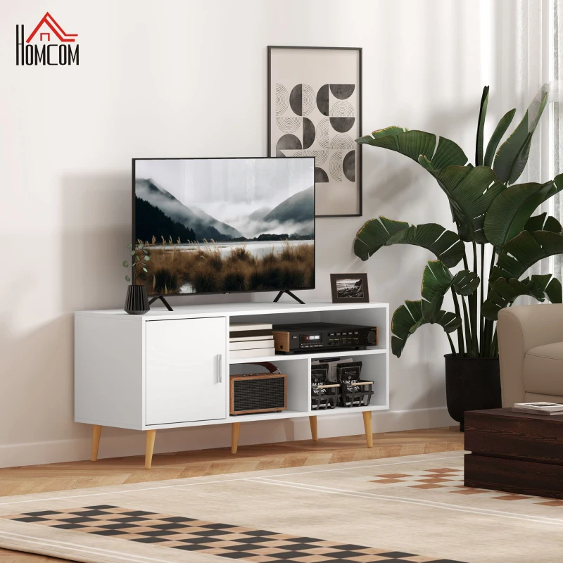 HOMCOM Mueble de TV para Televisores de hasta 60" Mesa para TV de Salón Comedor Moderna con Armario y 3 Compartimentos 120x40x55 cm Blanco