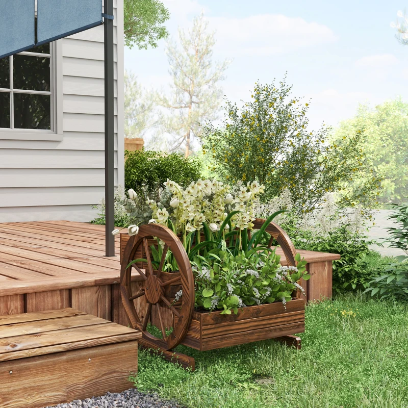 Outsunny Jardinera de Madera Macetero Exterior de 3 Niveles Diseño de Escalera Orificios de Drenaje 61x62x57 cm Carbonizado