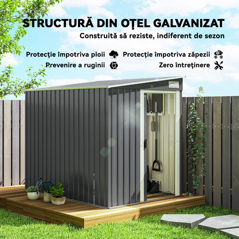 Outsunny Magazie pentru Unelte din Metal 1.5x2m cu Fundație, Ușă Glisantă și Acoperiș Înclinat, Gri Închis