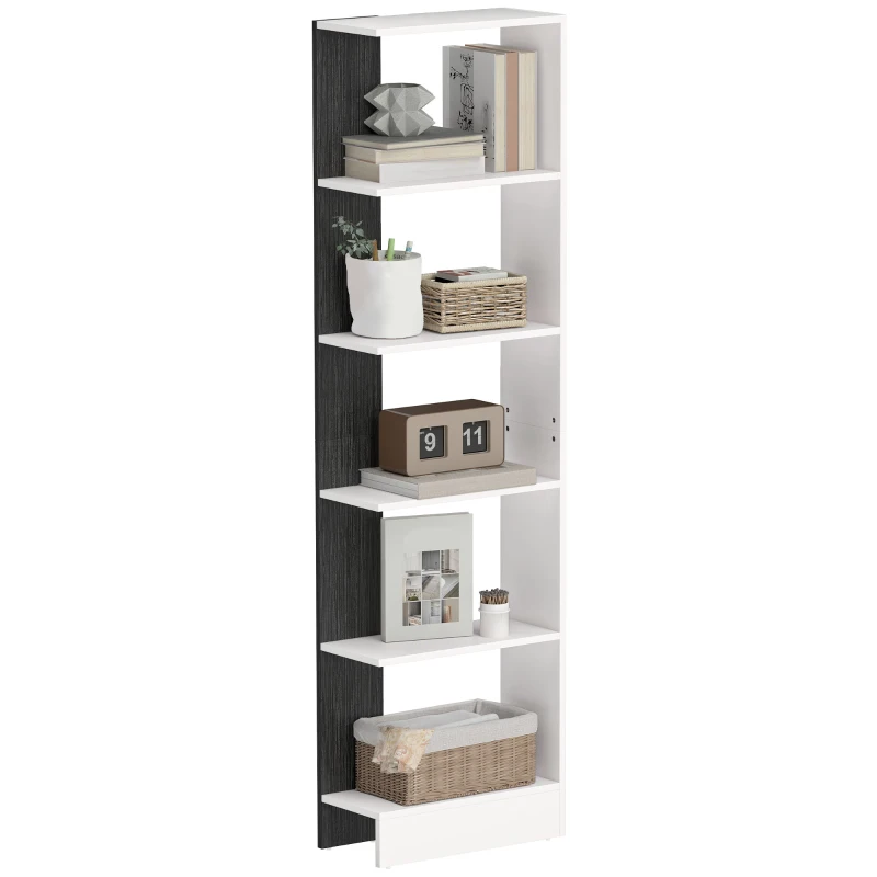 HOMCOM Bibliotecă Modernă Economisitoare de Spațiu cu 5 Rafturi din Lemn 45x21x170 cm, Alb și Negru