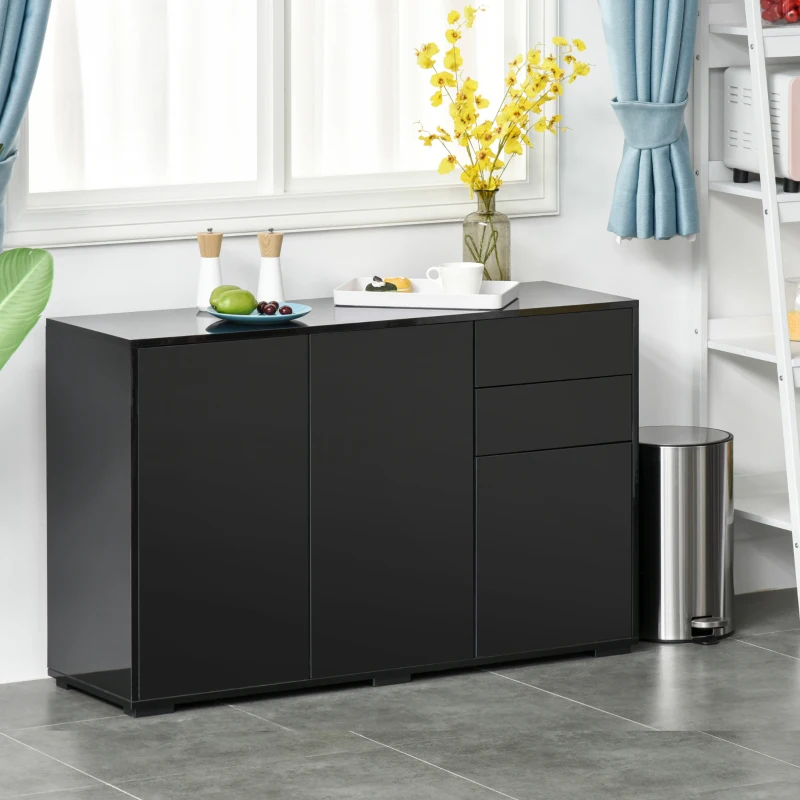 HOMCOM Aparador de Sala de Estar com 3 Portas 2 Gavetas e Prateleira Interior Ajustável Móvel Auxiliar de Armazenamento para Cozinha Dormitório Anti-Rolamento 117x36x74 cm Preto
