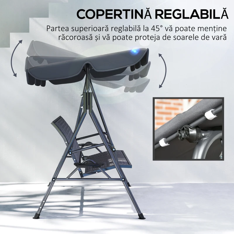 Outsunny Balansoar de Grădină 3 Locuri din Ratan PE cu Acoperiș Reglabil și Suporturi pentru Pahare, Balansoar de Exterior cu Cadru din Oțel, Capacitate 320 kg, 204x112x150 cm, Gri