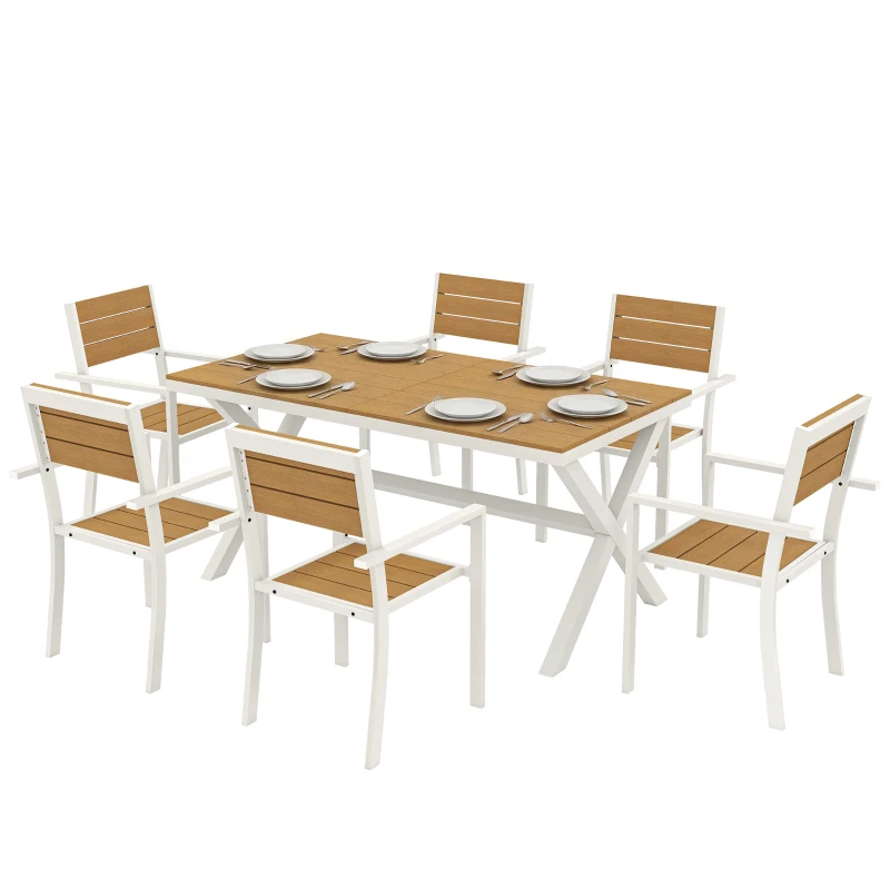 Outsunny Gartenmöbel Set Sitzgruppe 7-teilig Tisch mit 6 stapelbare Stühlen Holzoptik Aluminiumrahmen Teak