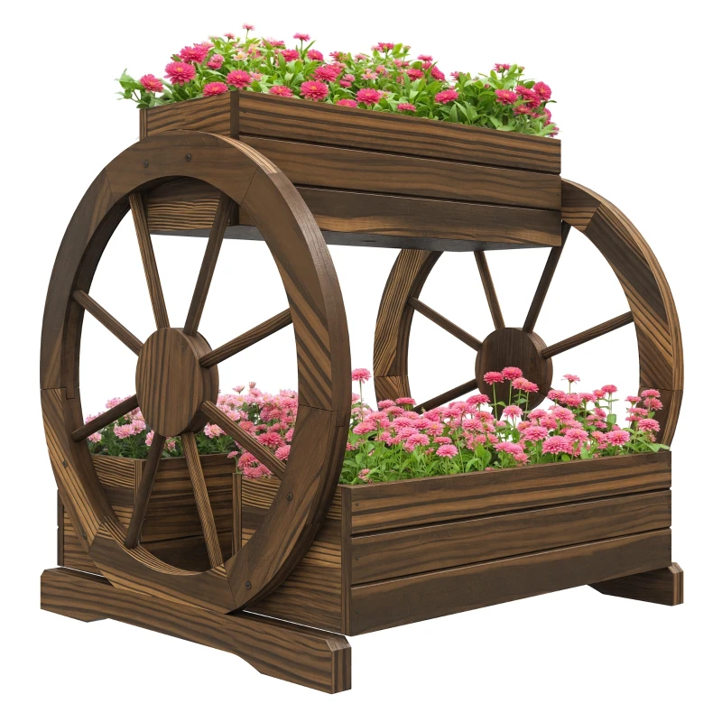 Outsunny Jardinieră în Lemn pentru Exterior pe 2 Nivele cu 3 Ghivece și Roți de Căruță în Stil Rustic, 64x54x60 cm