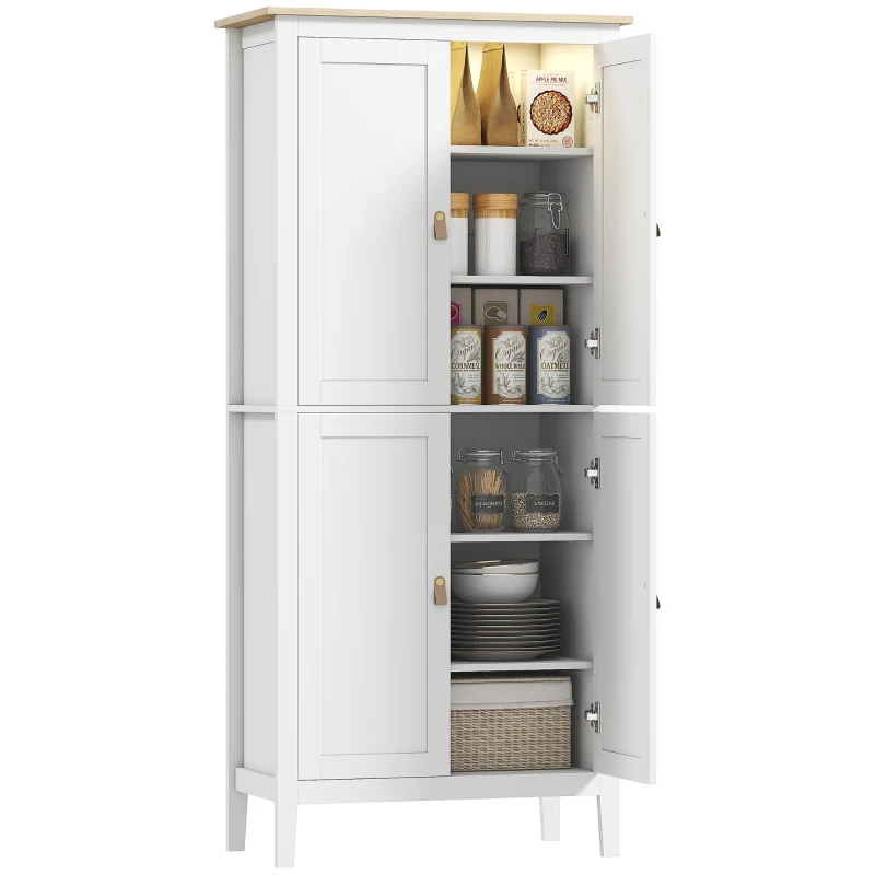HOMCOM Bufet Înalt de Bucătărie, Dulap cu Lumină LED, Reglabil în 3 Culori, Rafturi Ajustabile, Alb