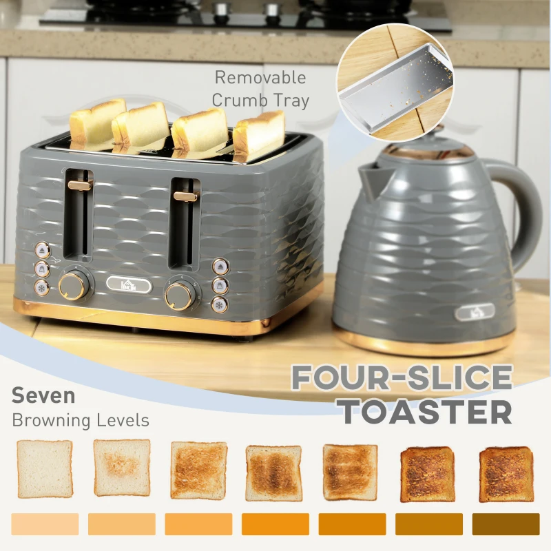 HOMCOM Kettle and Toaster Sets, 3000W 1.7L Rapid Boil Kettle & 4 Slice Toaster with 7 Browning Controls, Defrost, Reheat and Crumb Tray, UK Otter thermostat, Grey