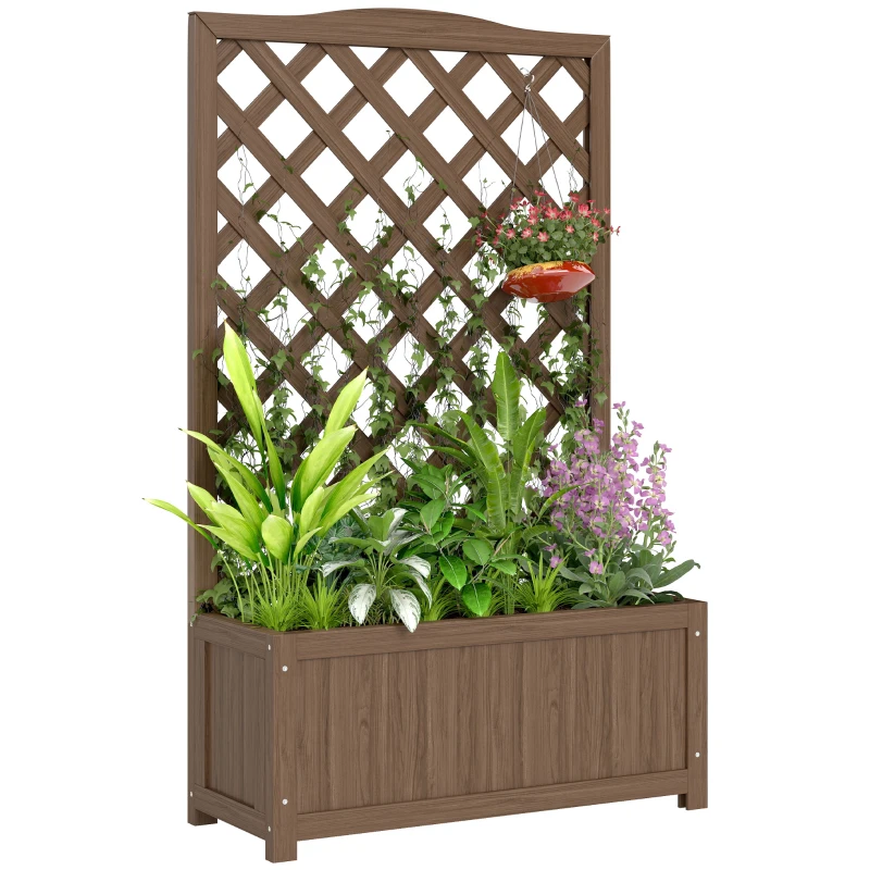 Outsunny Jardinière avec treillis, bac à fleurs, pour plantes grimpantes, légumes, fleurs, en bois massif, 70x28x117cm café foncé