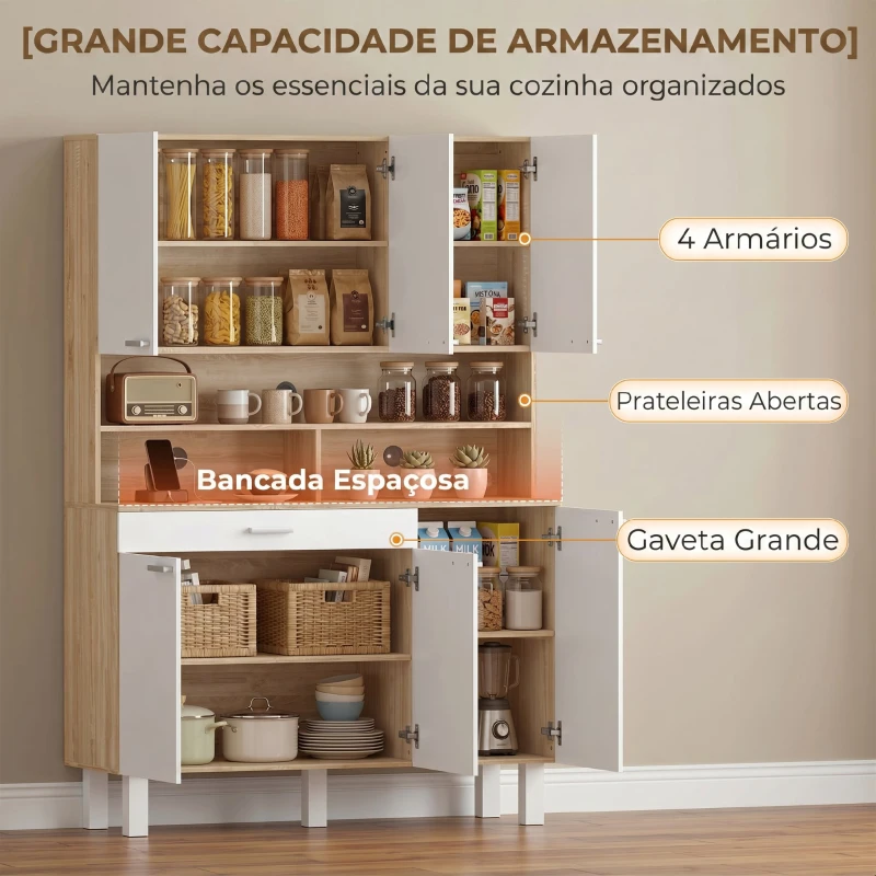 HOMCOM Armário de Cozinha Alto com 6 Portas e Grande Gaveta Prateleiras Bancada Ampla para Micro-ondas 120x40x175 cm Branco e Madeira