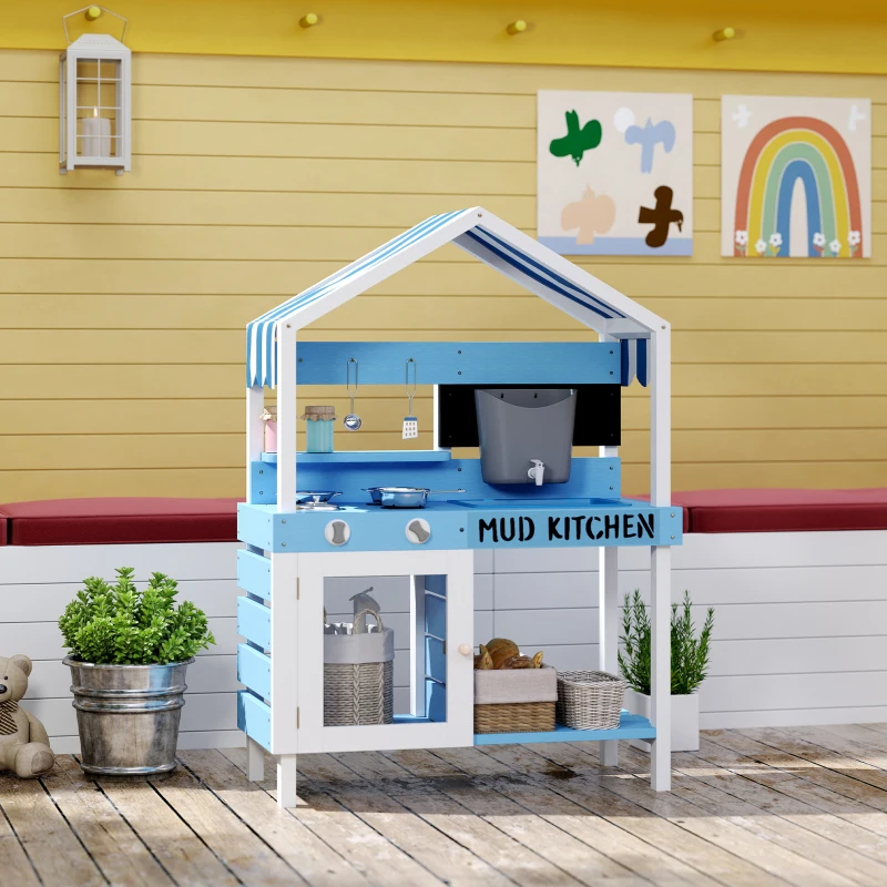 AIYAPLAY Outdoor-Spielküche für Kinder mit Sonnendach, Kochgeschirr-Set, Massivholz, Blau
