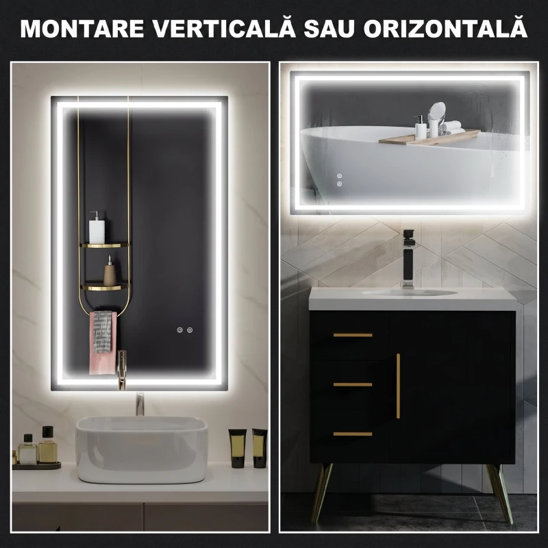 HOMCOM Oglindă de baie cu lumini LED reglabilă în 3 culori și strat antișoc, din sticlă și metal, 100x3x60 cm