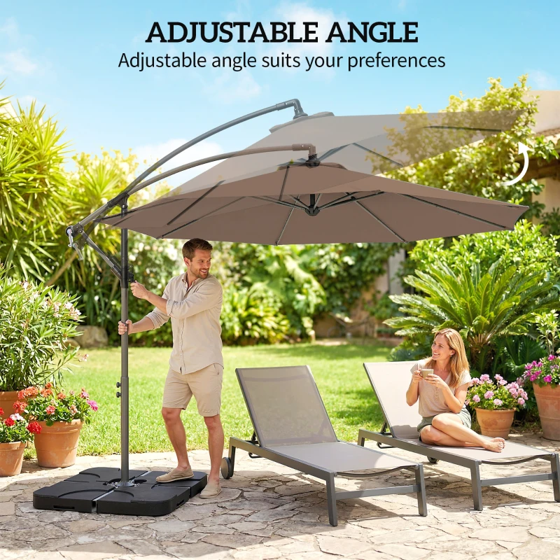 Outsunny 3(m) Garden Banana Parasol Cantilever Umbrella with Crank Handle, Cross Base, Weights and Cover for Outdoor, Hanging Sun Shade, Coffee