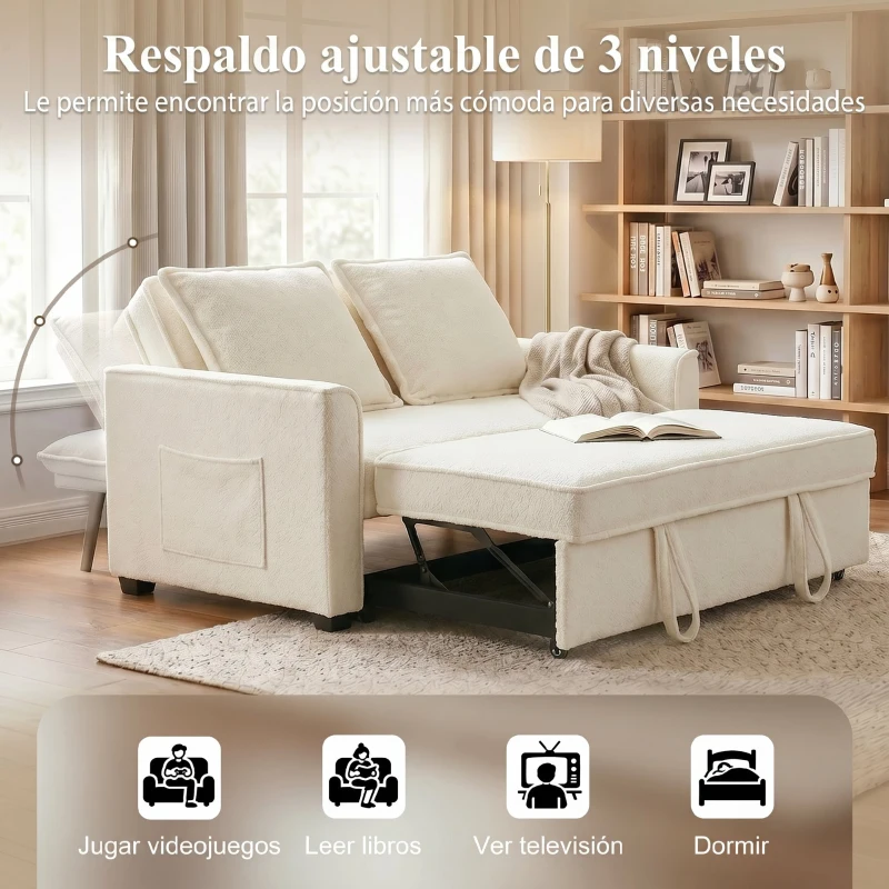 HOMCOM Sofá Cama 2 Plazas 3 en 1 con Respaldo Ajustable Bolsillos Laterales 2 Almohadas para Sala de Estar Blanco Crema