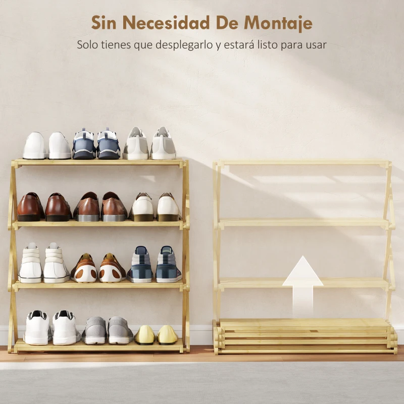 HOMCOM Zapatero Estrecho de Bambú Zapatero Vertical Plegable de 4 Niveles Sin Instalación Natural