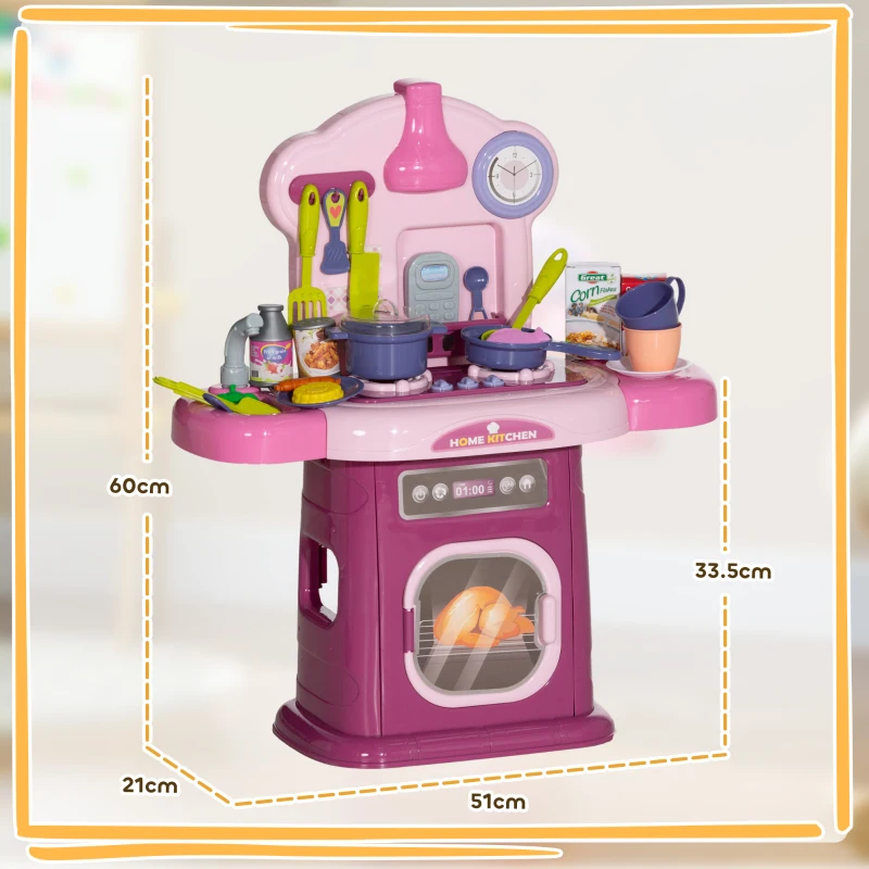 AIYAPLAY Bucătărie de jucărie pentru copii 3-6 ani cu 38 de accesorii și sunete realiste, din PP și ABS, 51x21x60 cm, roz