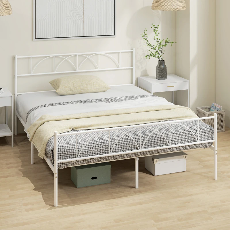 HOMCOM Cama de Casal com Cabeceira de Ripas de Aço e Espaço de Arrumação Debaixo da Cama Carga 330 kg 161,5x208x98 cm Branca