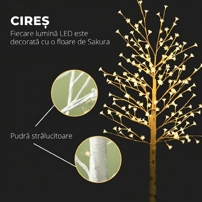 HOMCOM Pom decorativ luminos de mesteacăn cu 180 de lumini LED, înalt de 180 cm, cu 3 niveluri de luminozitate, pentru interior și exterior, alb