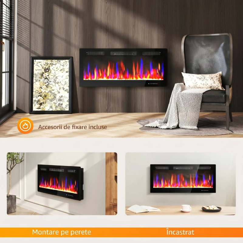 HOMCOM Șemineu Electric Încorporat cu Flacără Independentă, 3 Moduri de Încălzire și Telecomandă, 106,7x9,4x47 cm, Negru