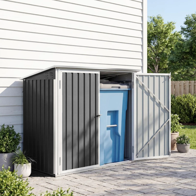 Outsunny Cache Poubelle Double Abri de Jardin 2 Poubelles de 240L Couvercle Lié par Chaînes Vérins à Gaz 179,5x108x129,5cm Gris