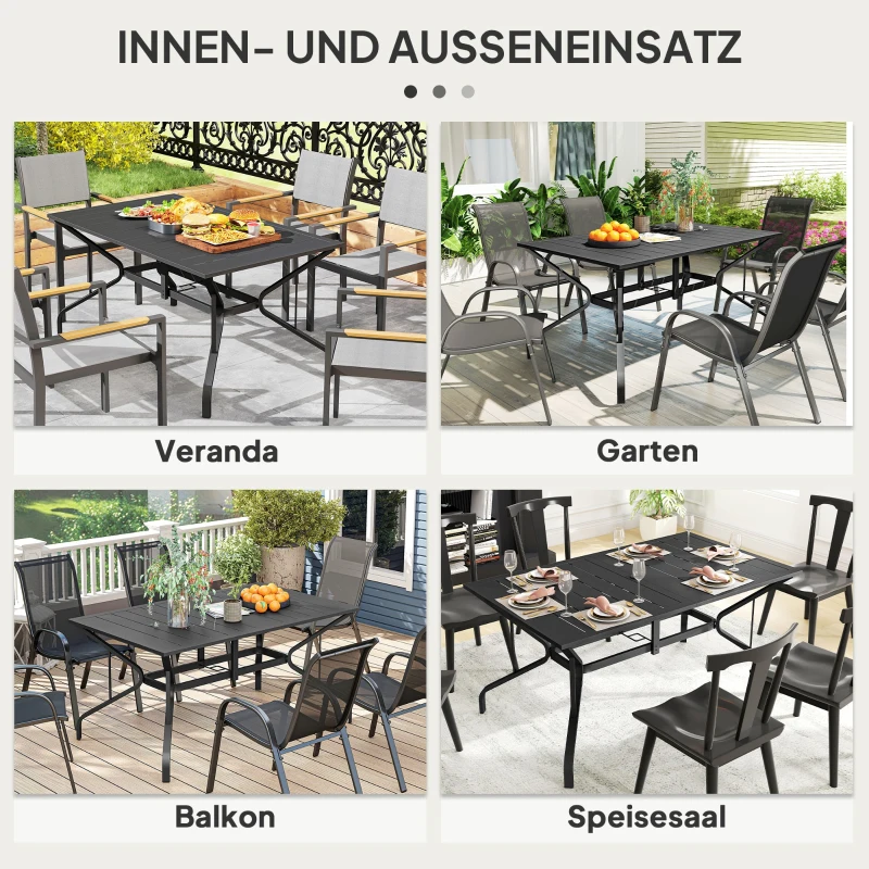 Outsunny Gartentisch Stahl 150x90 cm Wetterfest Balkontisch mit Schirmloch, Lamellen-Design für 6 Personen Schwarz