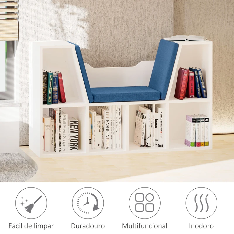 HOMCOM Estante para Livros com Banco Integrado e 6 Cubos Estante Infantil com Assento 102x30x61 cm Branco e Azul