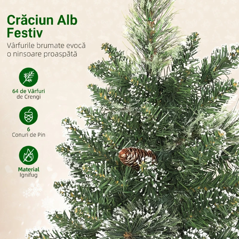 HOMCOM Pom de Crăciun Mic Înalt 60 cm cu 35 Lumini LED Albe, 64 Crengi Ignifuge cu Conuri, Verde