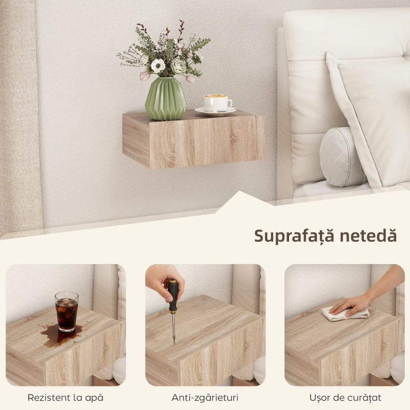 HOMCOM Set de 2 noptiere suspendate moderne cu sertar din lemn, 40x30x15cm, stejar