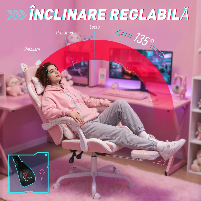 Vinsetto Scaun Gaming Ergonomic Rabatabil, cu Suport Picioare Urechi Pisică Roz