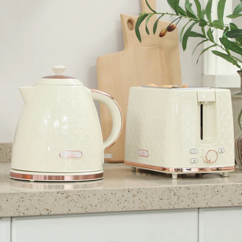 HOMCOM 1.7L 3000W Fast Boil Kettle & 2 Slice Toaster Set, Kettle and Toaster Set with Auto Shut Off, Browning Controls, Beige