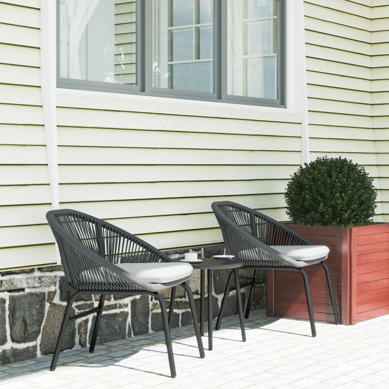 Outsunny Ensemble salon de jardin pour 2 personnes avec coussins d'assise moelleux avec corde en résine tressée et acier époxy