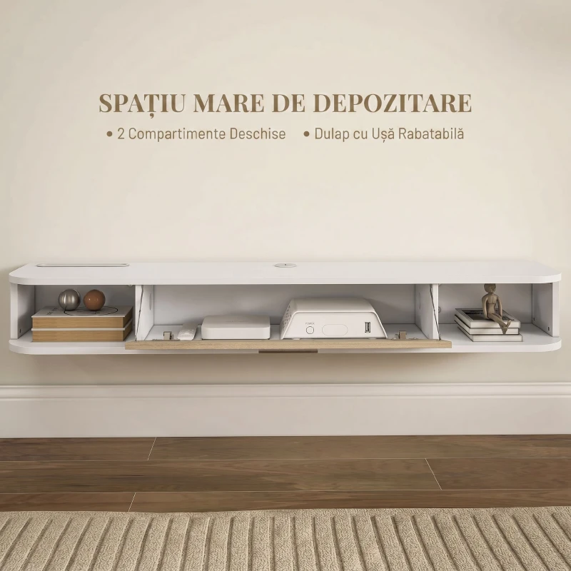 HOMCOM，Suport TV，Cu 2 Rafturi Deschise și Dulap cu Ușă Rabatabilă，MDF，120cm x 26cm x 16cm，Alb, gri