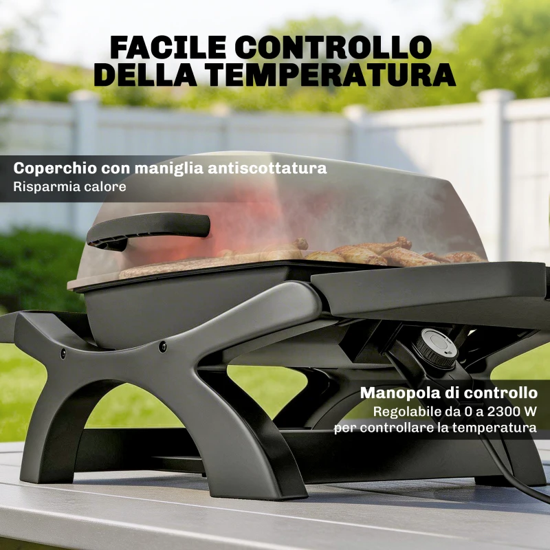 Outsunny barbecue elettrico 2300W, portatile da tavolo con ripiani laterali, colore nero.