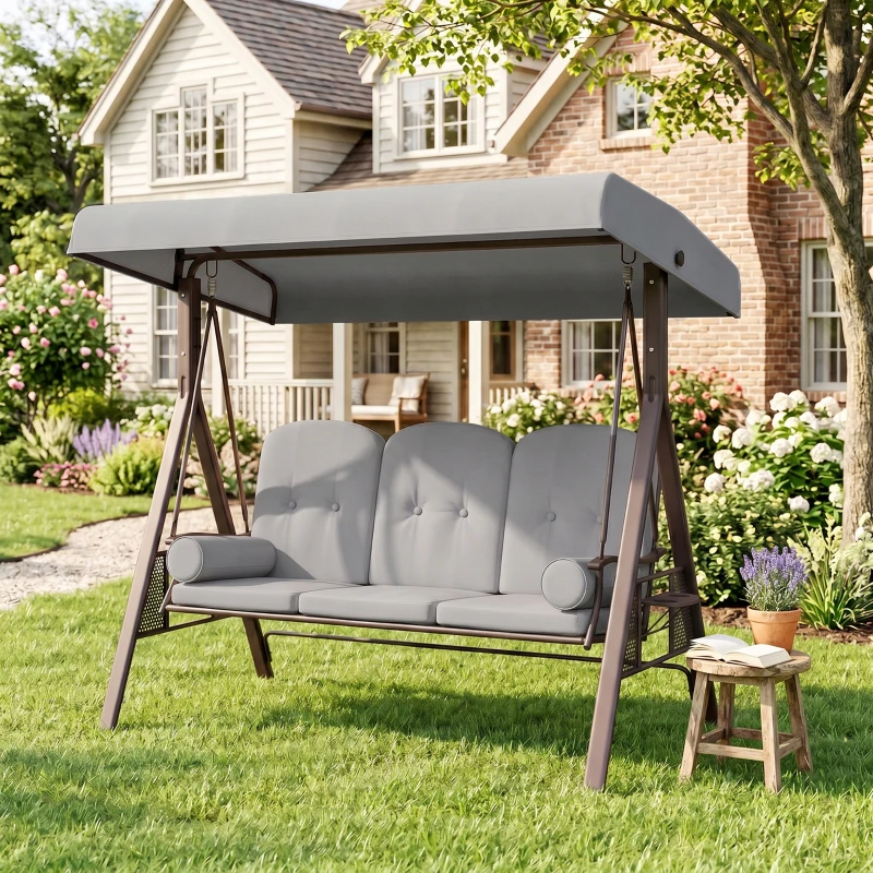 Outsunny 3 Seater Canopy Swing Chair, Outdoor Garden Swing Seat with Adjustable Canopy, Cushions and Cup Trays, Steel Frame, Light Grey