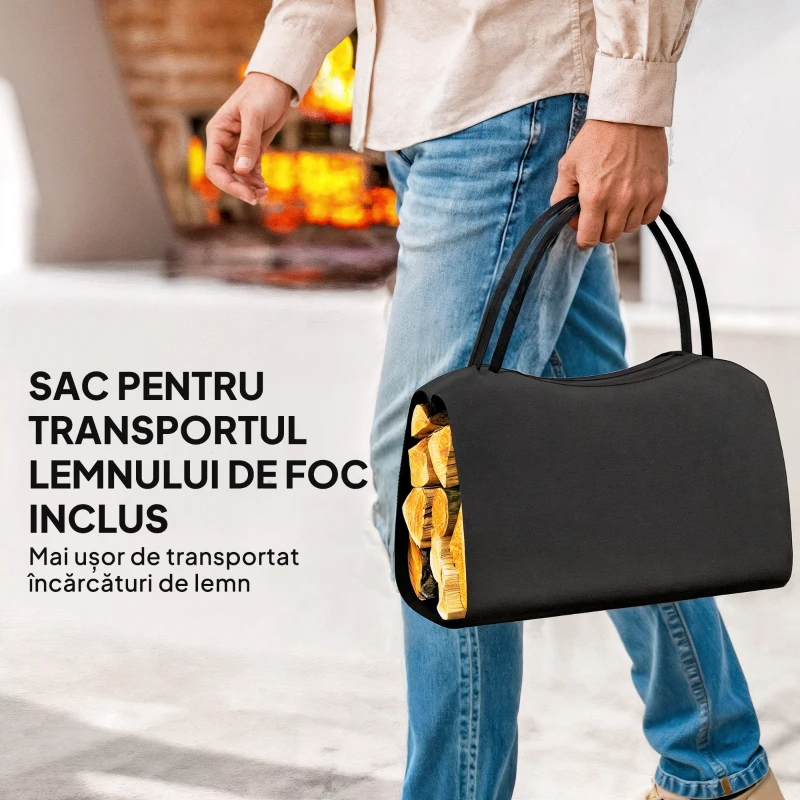 Outsunny Suport pentru lemne din metal cu geantă de transport detașabilă din material Oxford, 53x33x43 cm, negru