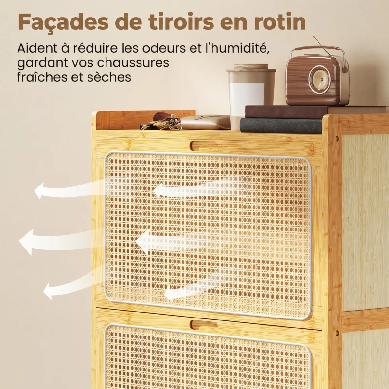 HOMCOM Meuble à chaussures 14 paires, armoire à chaussures 2 tiroirs rabattables, étagères réglables, 69x29x83cm, bois naturel