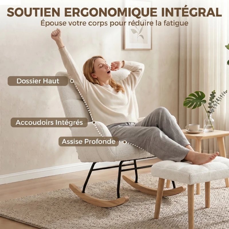 HOMCOM Fauteuil à Bascule avec Repose-Pieds, Rocking Chair en Tissu Bouclette, Assise Rembourrée, Dossier Large, Crème