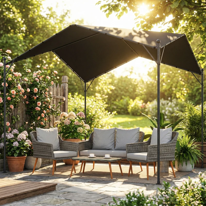 Outsunny Pergola Pavillon 3x3m Wasserabweisend Stabil winterfest Sonnenschutz mit Satteldach Dreiecksverstrebungen